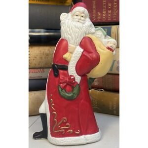 Vintage Ceramic Santa Figurine‎ Red Coat Toy Sack Christmas Decor